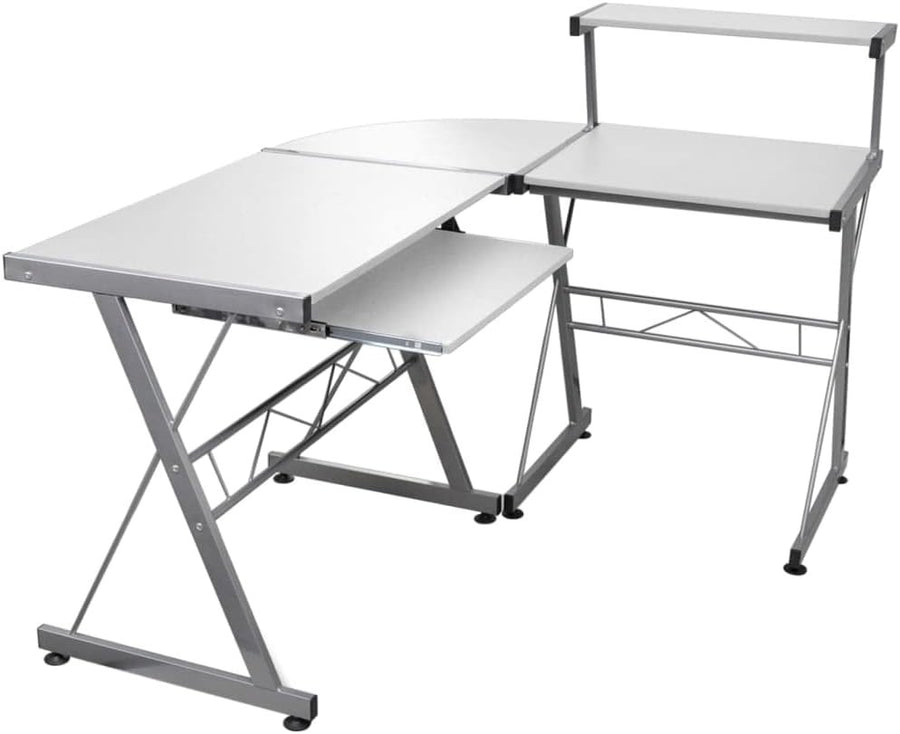 White L-Shaped Corner Computer Desk 132cm with Keyboard Tray, Shelf Office Table