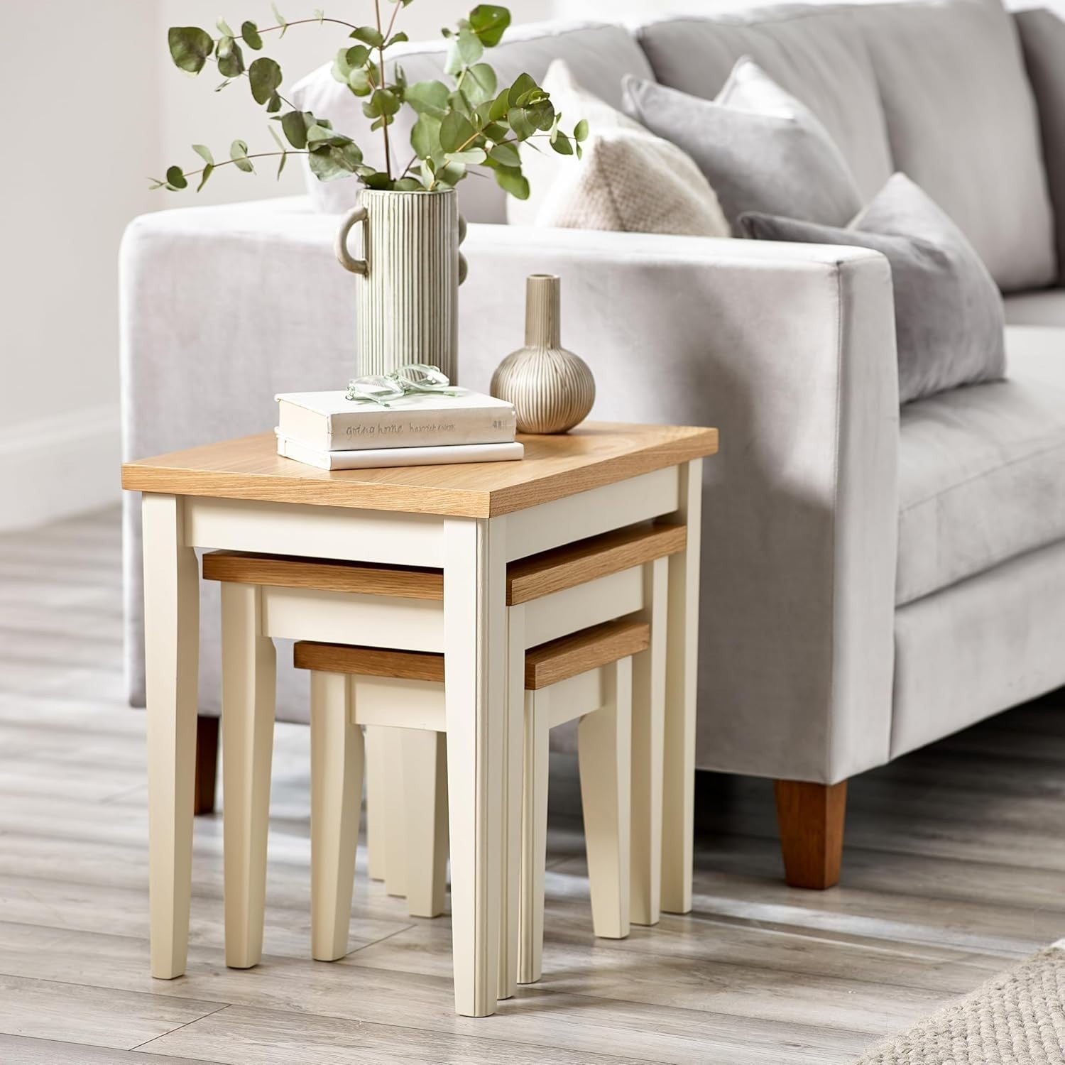 Nest of 3 Solid Wood Nesting Tables Modern Oak Veneer Side End Coffee Set
