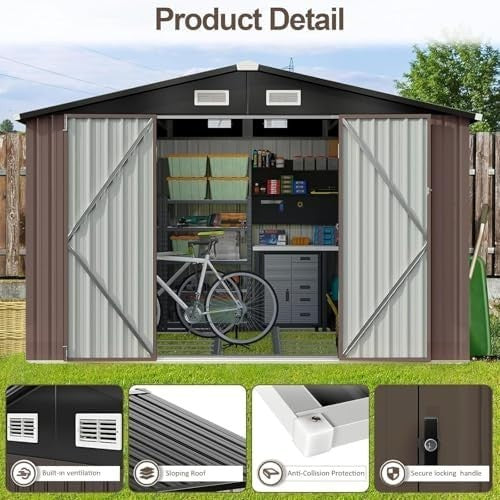 Metal Garden Shed 10x8ft Outdoor Storage Waterproof Tool Box Brown