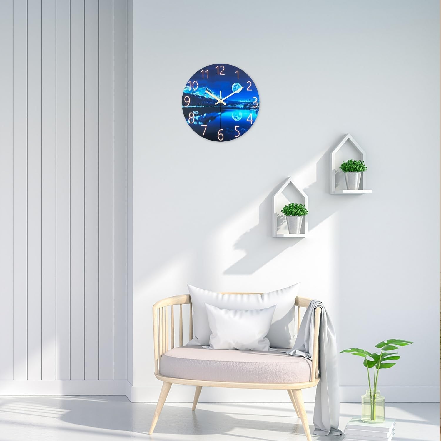 Blue Moon 12" Glass Wall Clock Silent Non-Ticking Modern Bedroom Decor