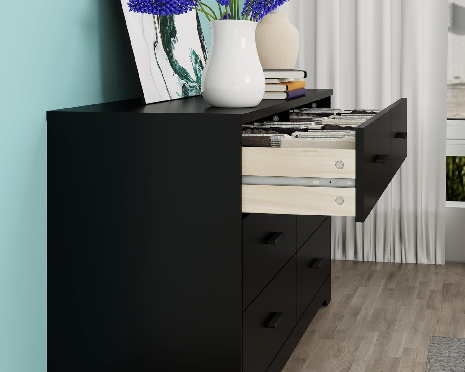 Black 6 Drawer Wooden Chest Storage Cabinet Bedroom Organizer Unit