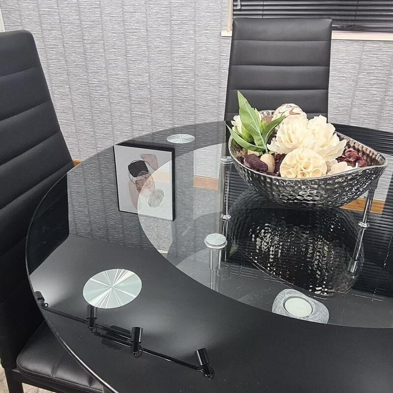 Round Glass Dining Table Set with 4 Faux Leather Chairs Black Modern