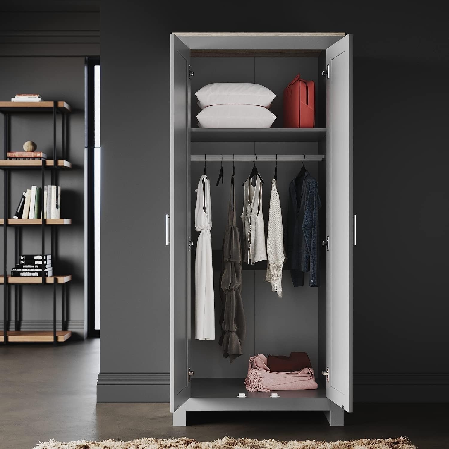 Grey Oak 2-Door Wardrobe with Hanging Rail & Soft-Close Doors - Bedroom