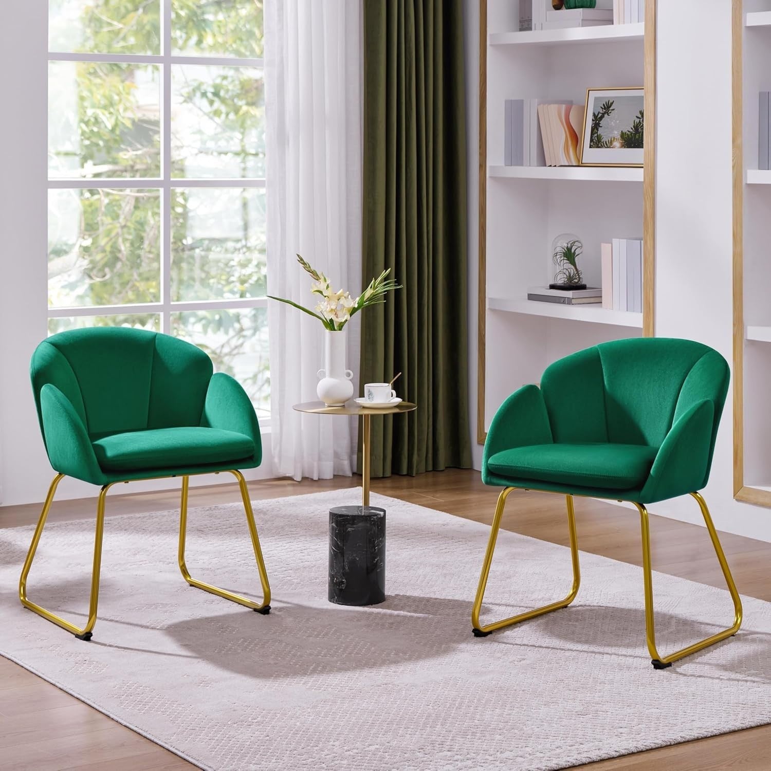 Green Velvet Tub Vanity Chair Petal Accent Armchair with Gold Metal Legs