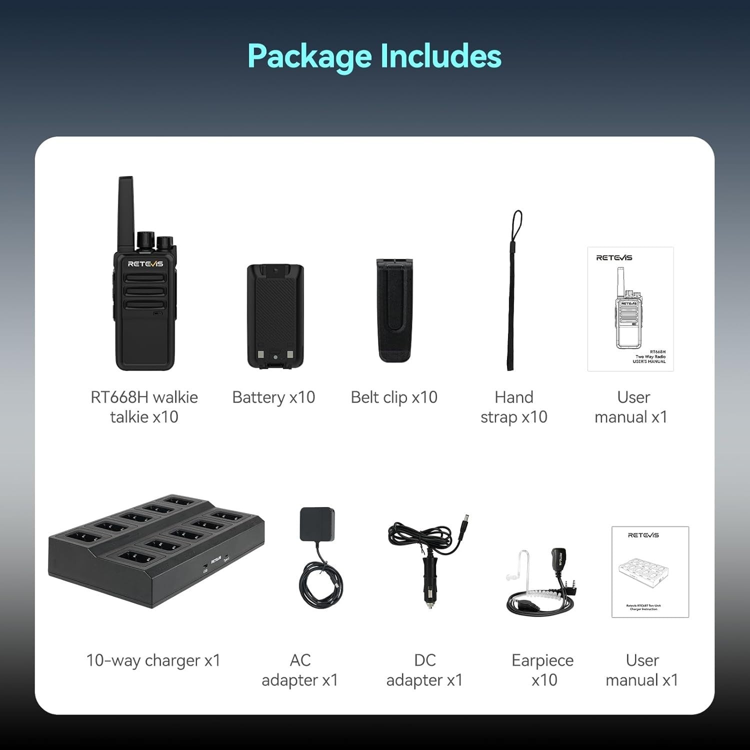 Professional Walkie Talkies 10 Pack PMR446 VOX USB-C w/ 10 Way Charger