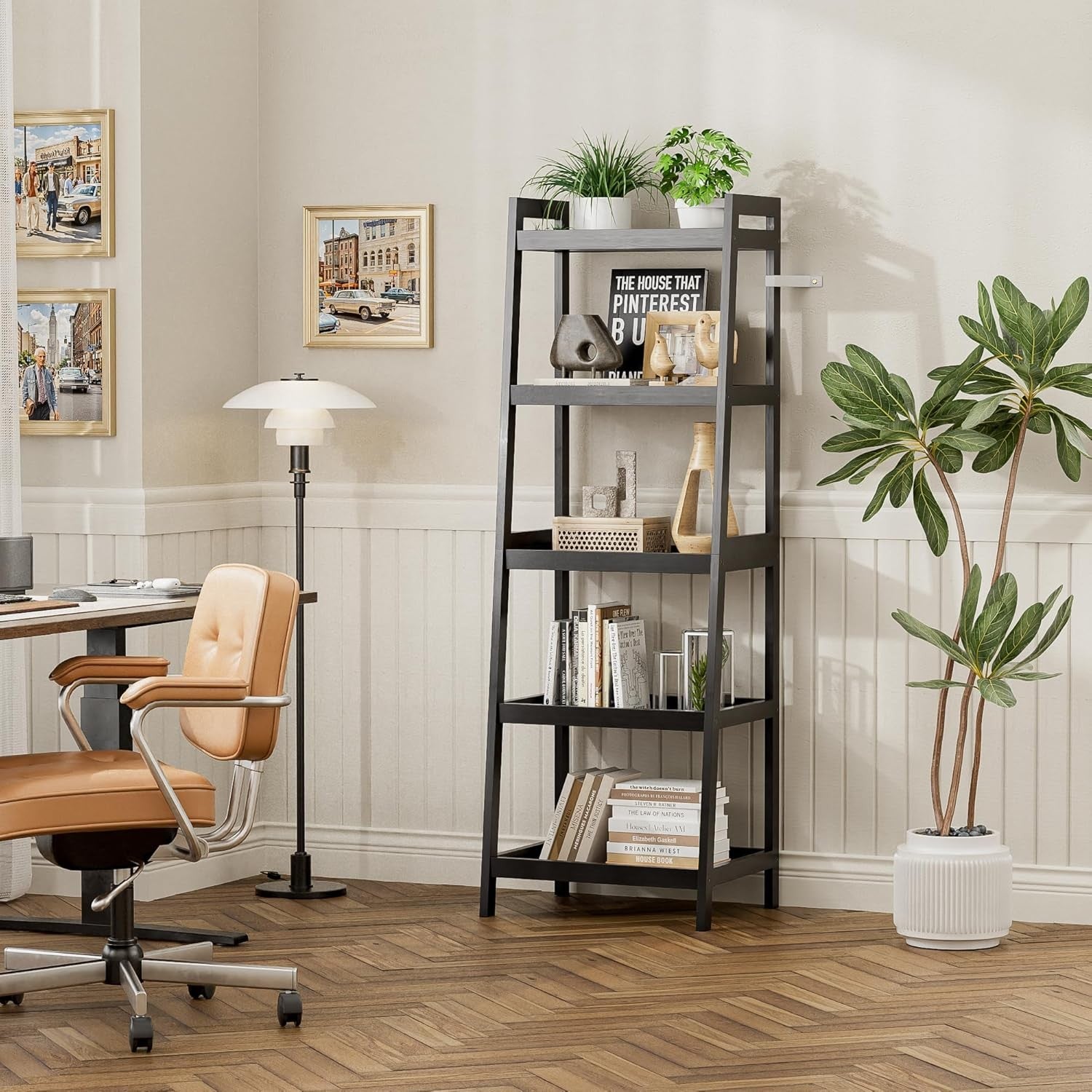 Black 5-Tier Ladder Bookcase, Tall Narrow Bamboo Frame Display Storage Shelf