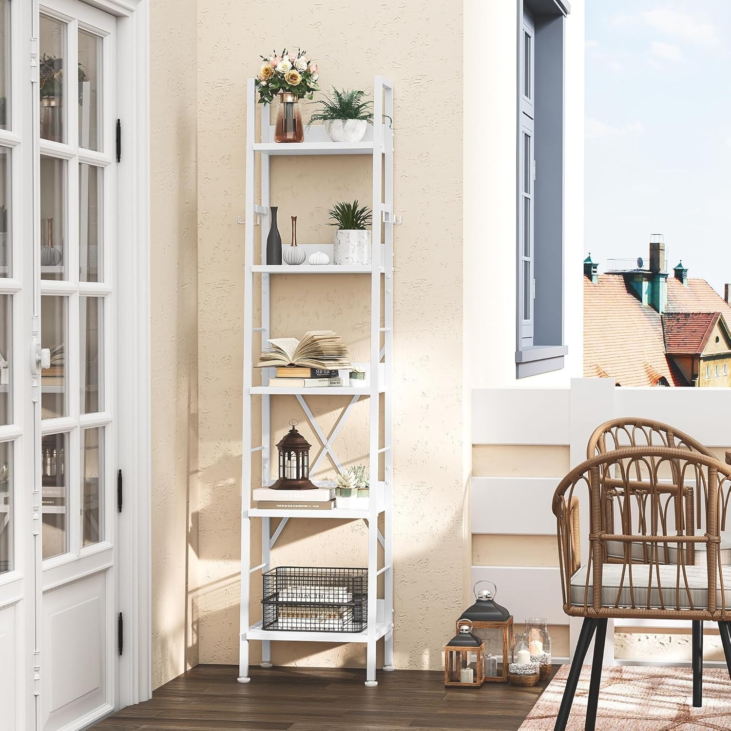 Slim 5 Tier Ladder Bookcase Narrow Storage Shelf Metal Wood White