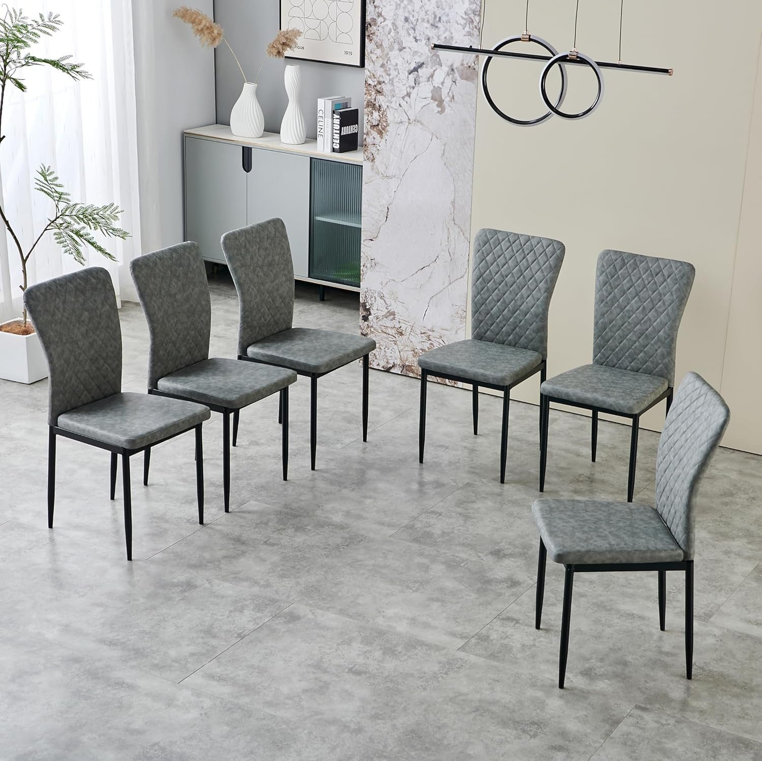 Dining Table Set 6 with 6 Grey Faux Leather Chairs, Oak 150x80cm, Modern Kitchen