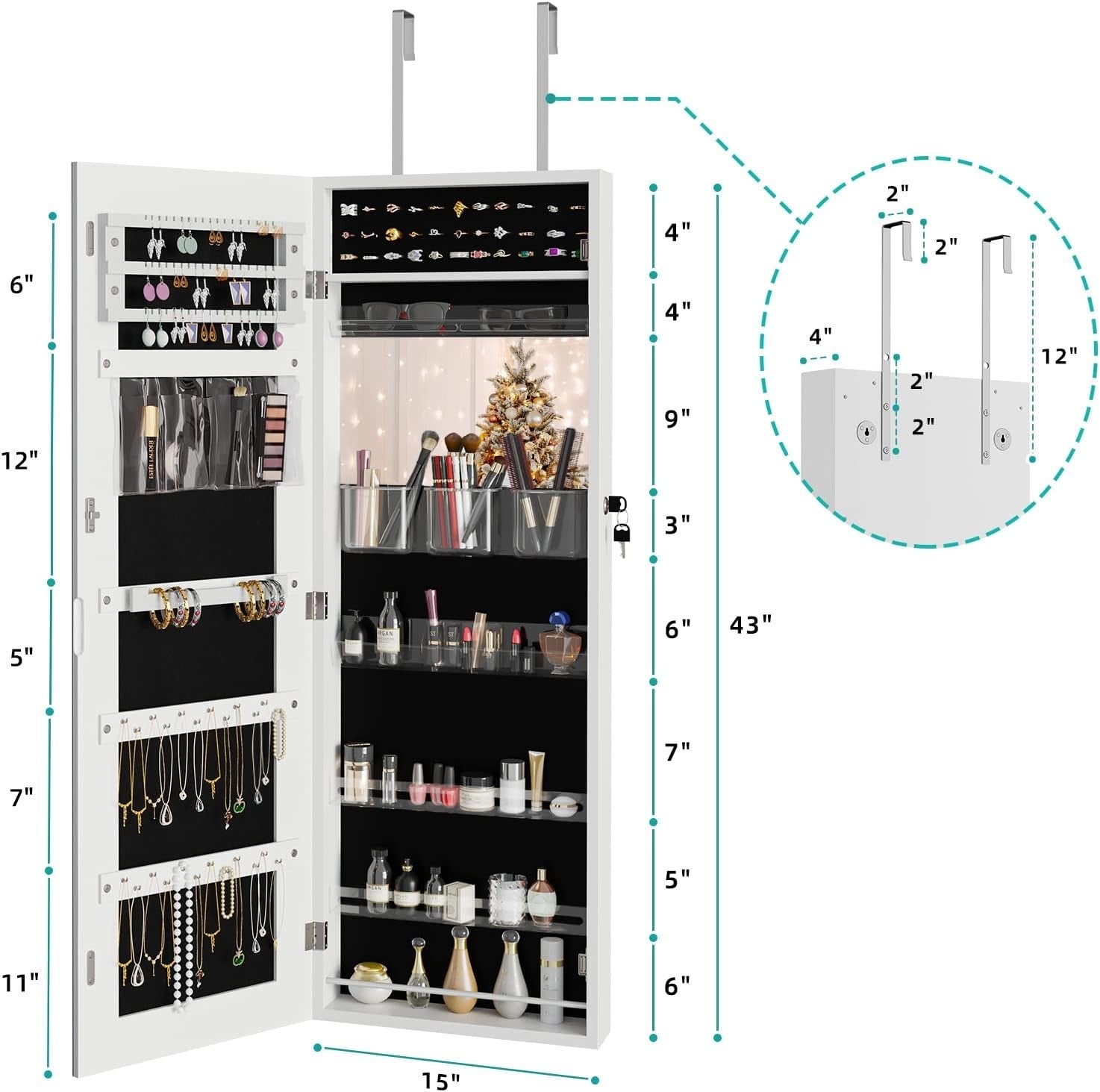 White Wall Mounted Jewelry Organizer Mirror Lockable Door Hanging Cabinet