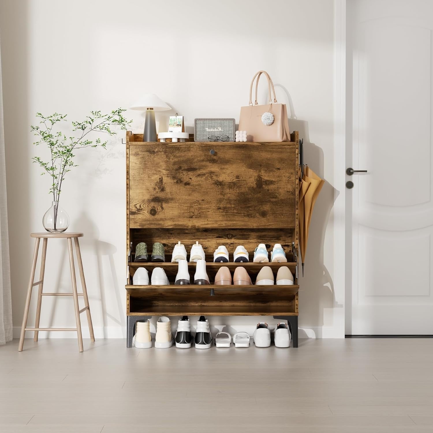 Rustic Brown 2 Drawer Shoe Cabinet with Adjustable Dividers & Flip Storage.