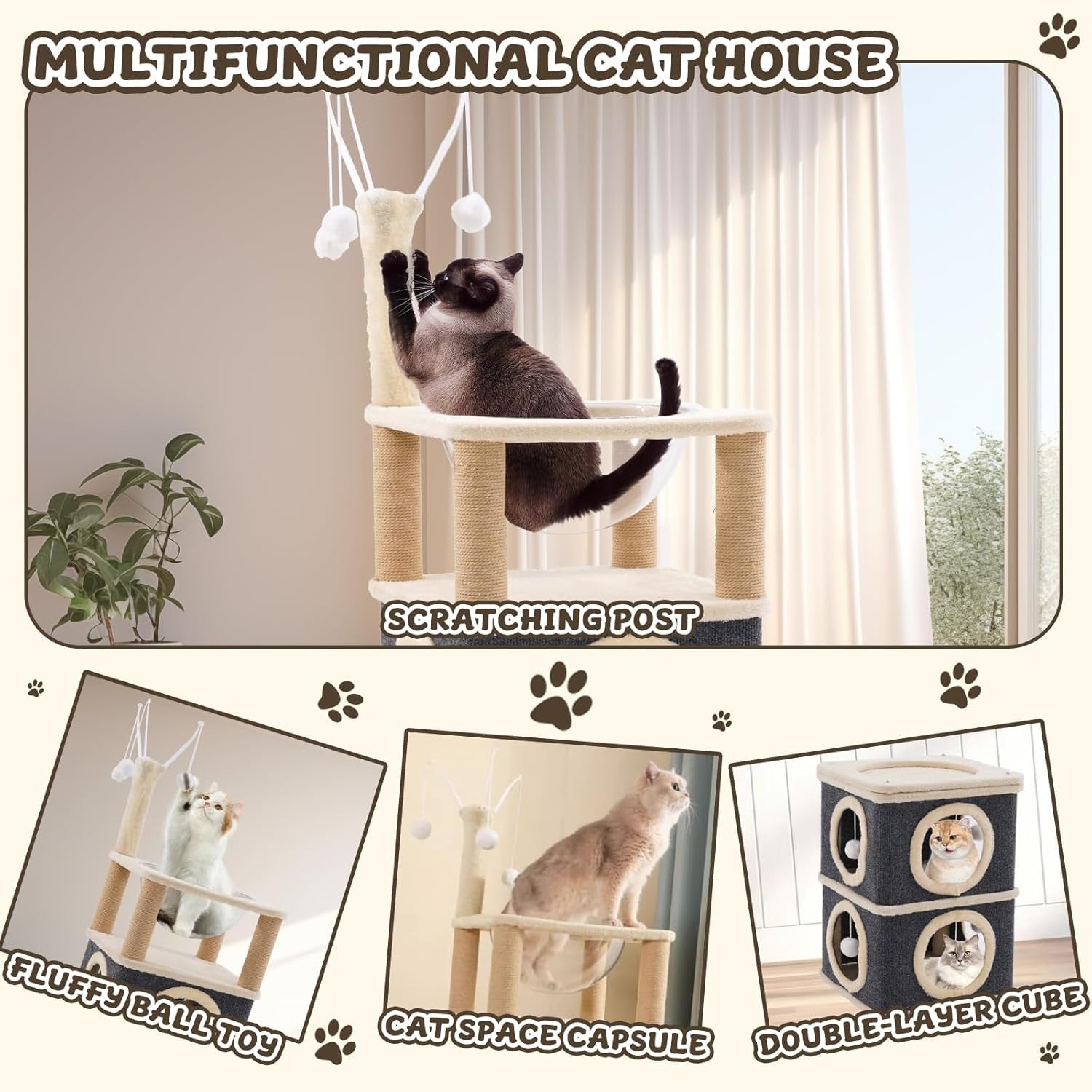 3 Tier Cat House Tower with Scratching Posts Condo Playhouse for Kittens