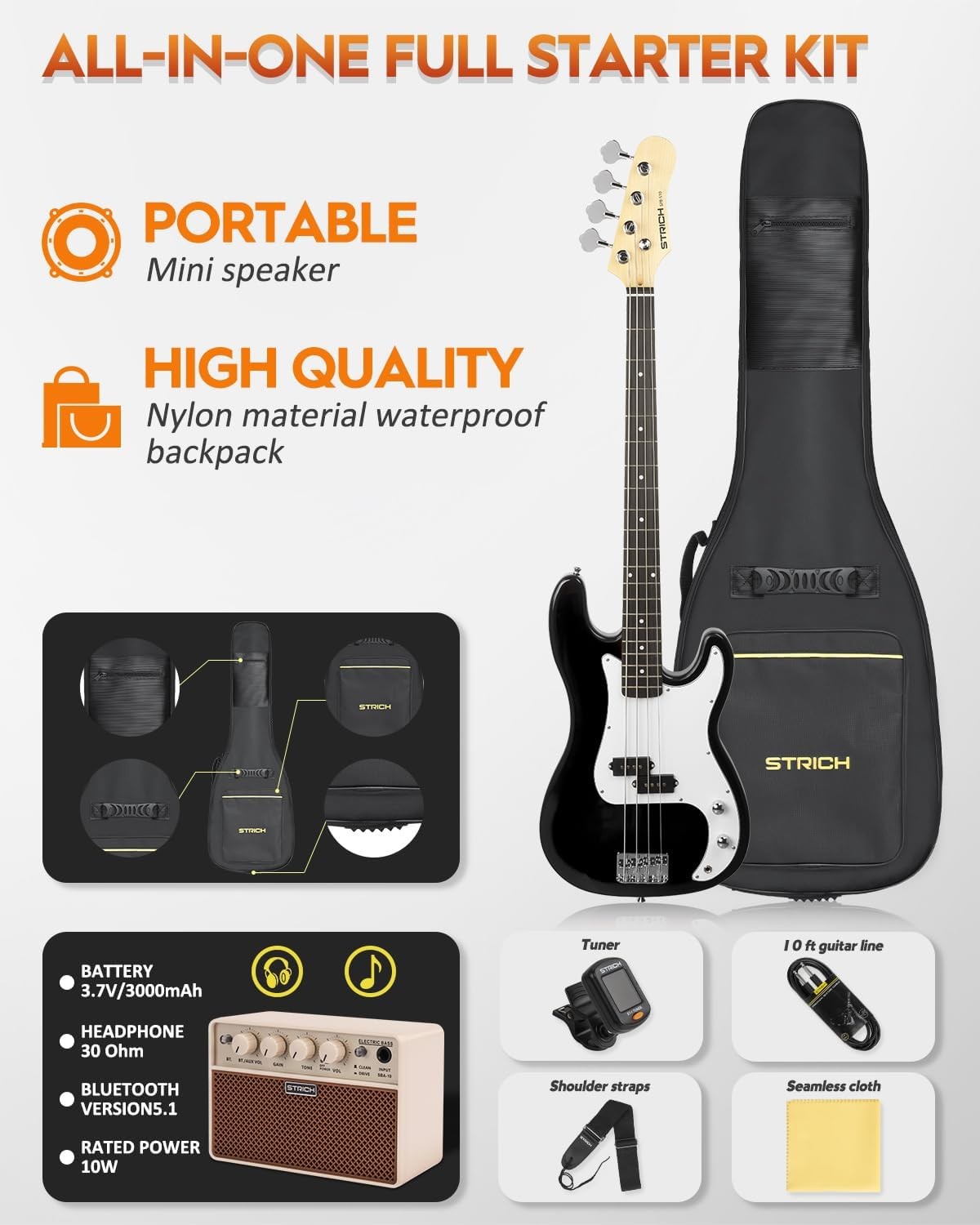 Full Size Electric Bass Guitar Starter Kit 4 String w Amp Black