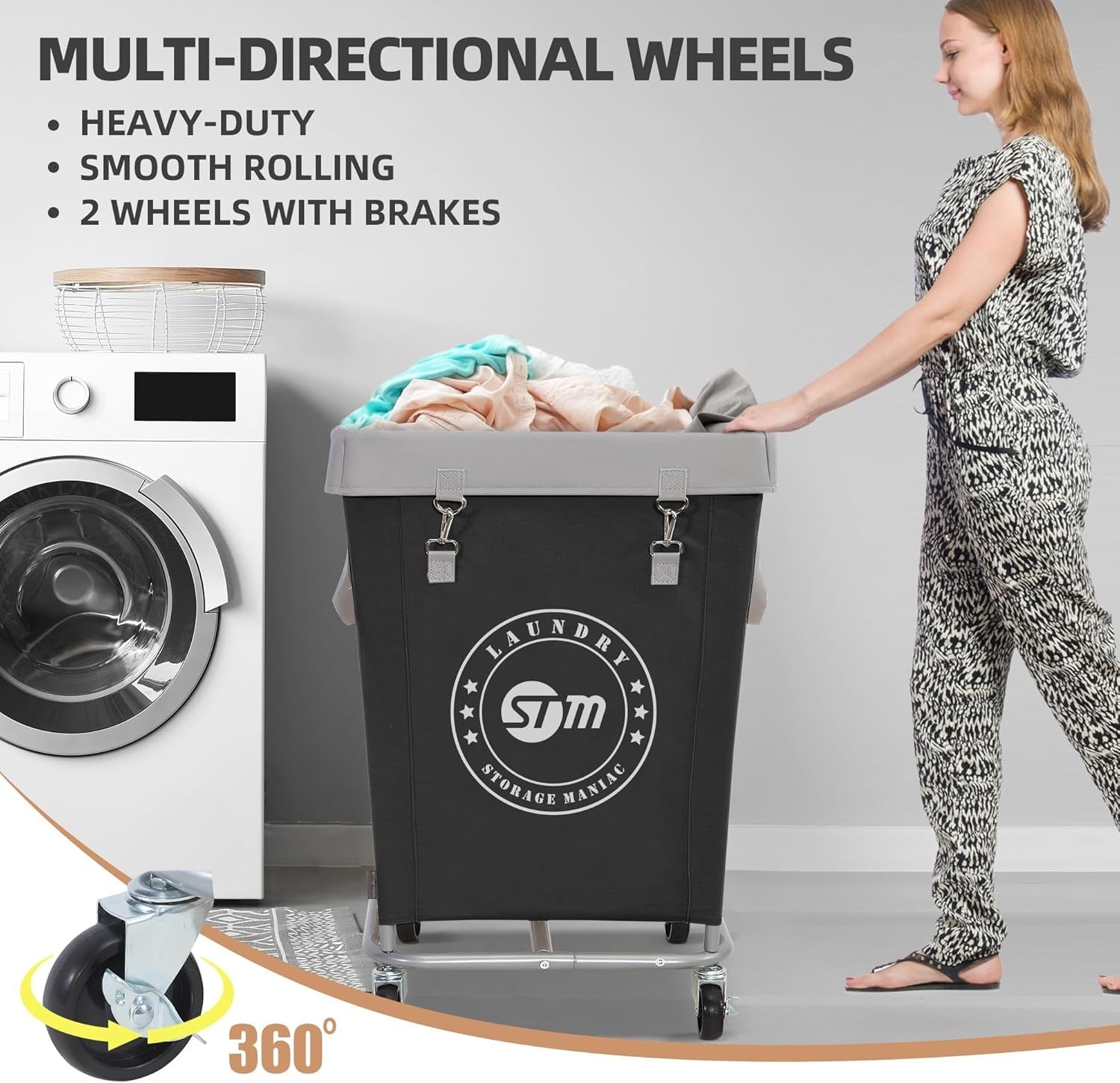160L Commercial Laundry Hamper on Wheels | Heavy-Duty Steel Cart | Large Black B
