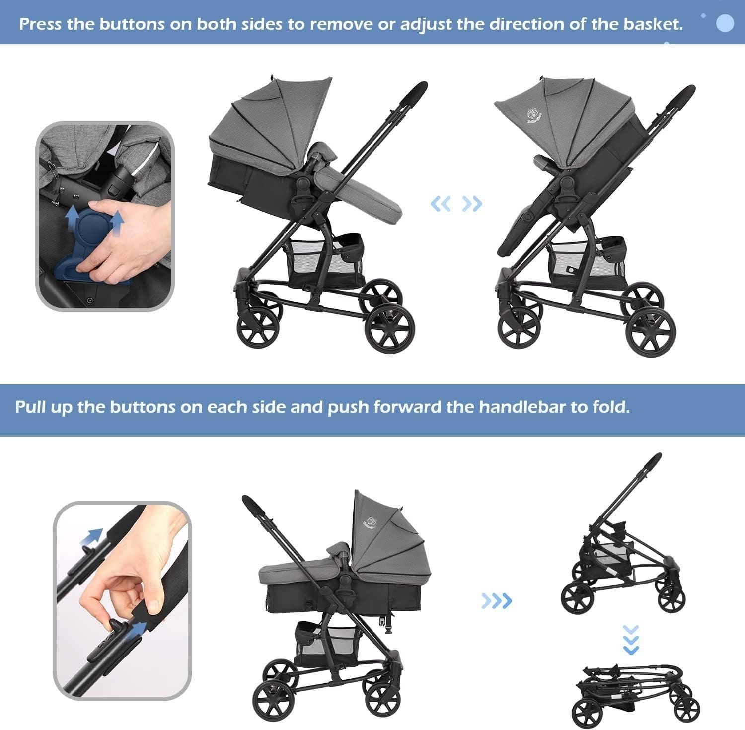 2in1 Baby Travel System Pushchair Reversible Seat Carrycot Lie-Flat Foldable