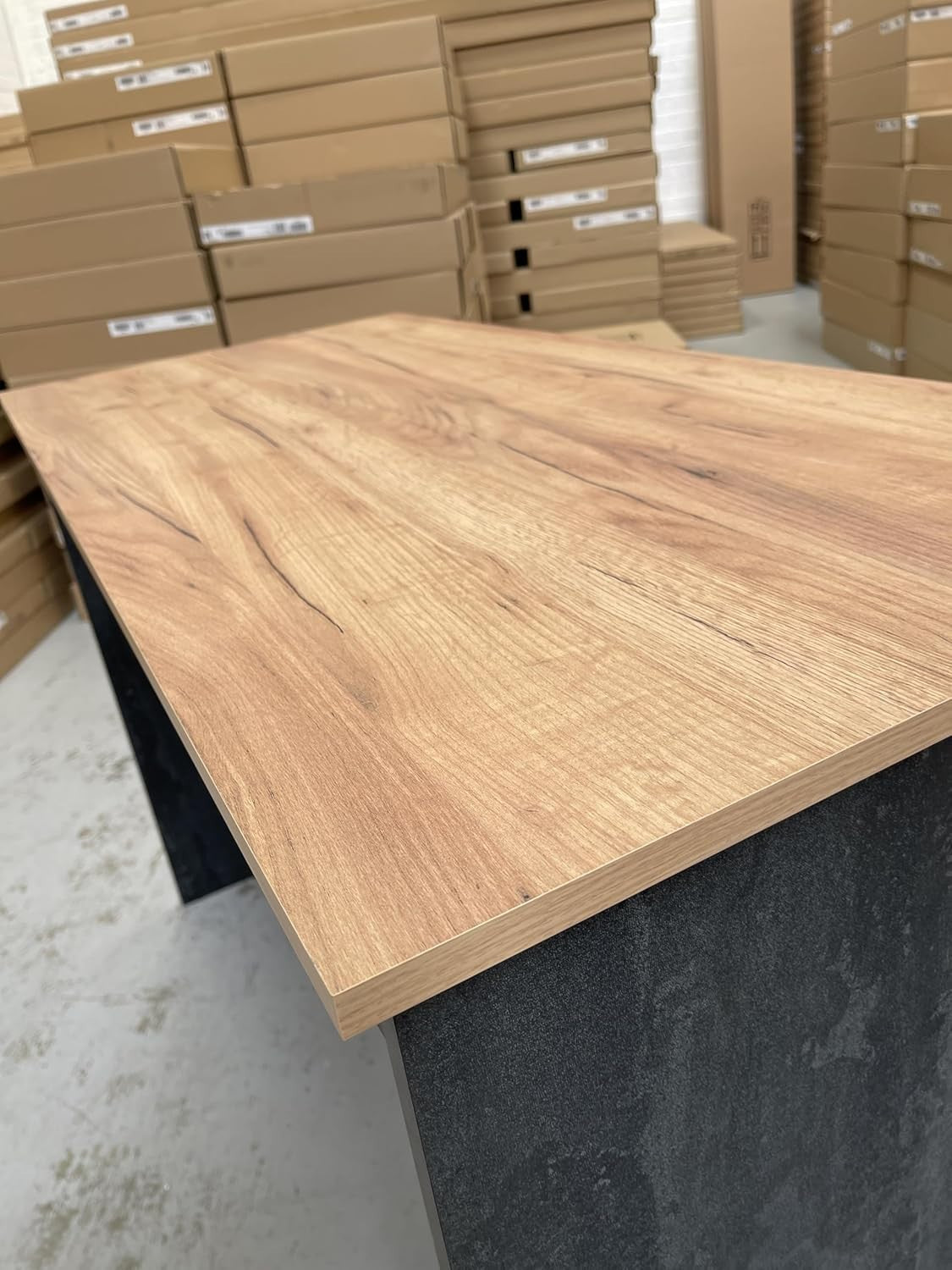 Black Concrete & Oak Kitchen Island with Breakfast Bar & Open Shelves