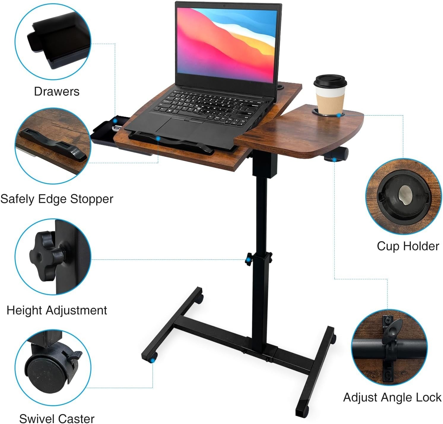 Overbed Table Laptop Desk Adjustable Height Rolling Bedside Stand with Tilt Top