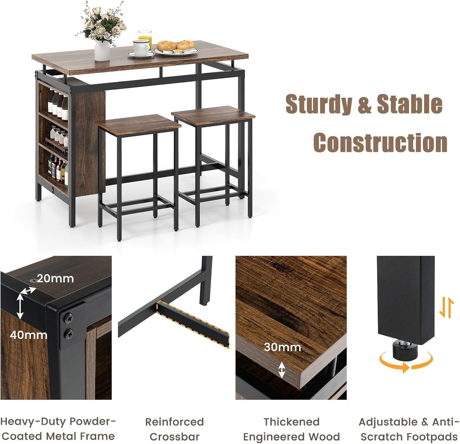 3PCS Brown+Black Dining Table Set with Stools, Space-Saving Bar Table Furniture