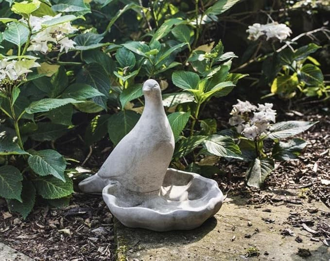 Cast Stone Pigeon Birdbath & Feeder – Handcrafted Garden Ornament Sculpture
