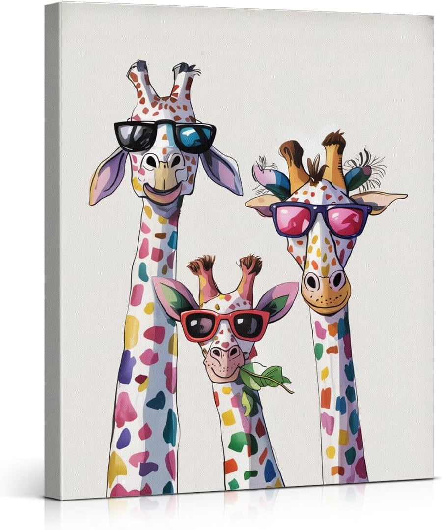 Colourful Giraffe Family Canvas Wall Art 8×10 Framed Animal Decor