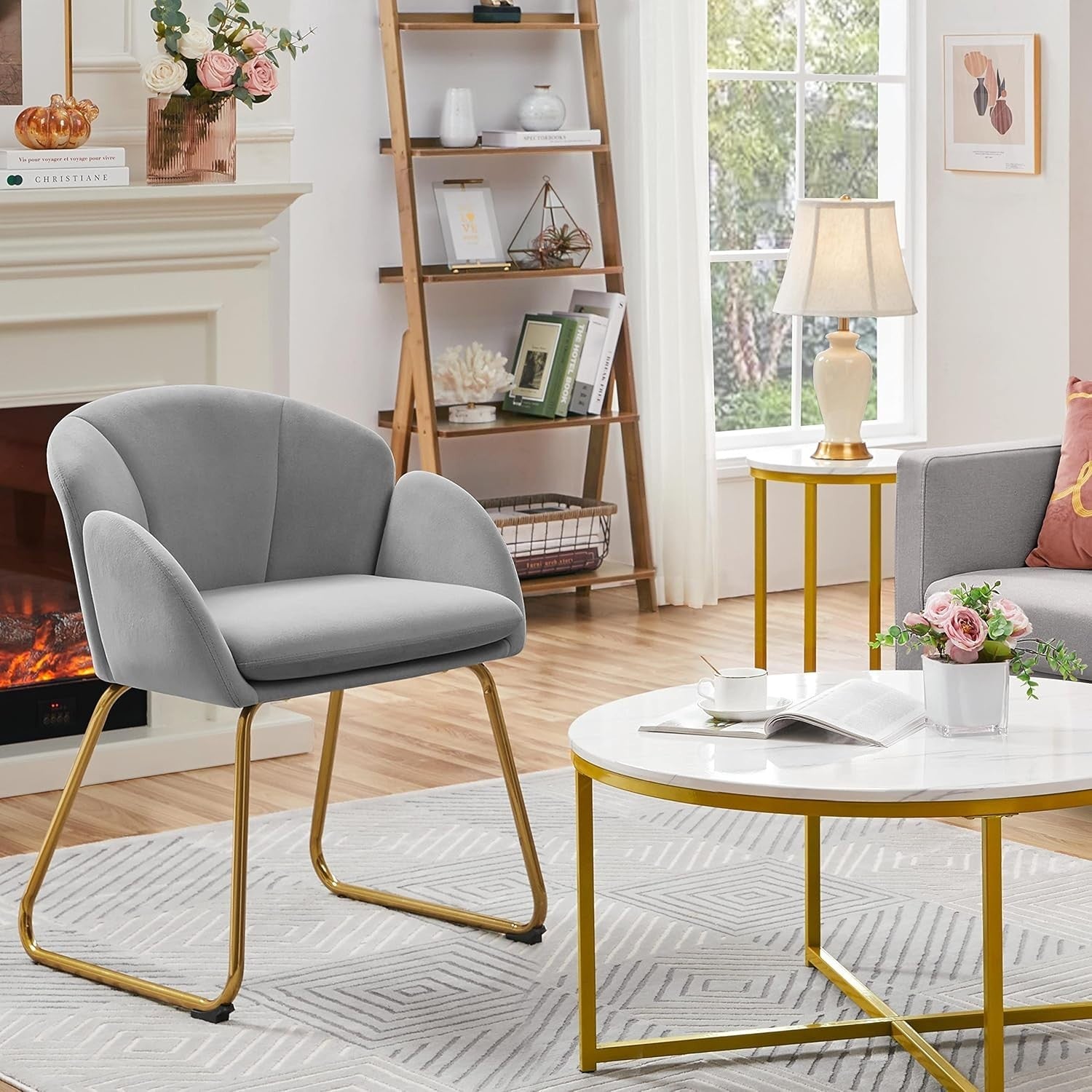Grey Velvet Tub Vanity Chair Petal Accent Armchair with Gold Metal Legs