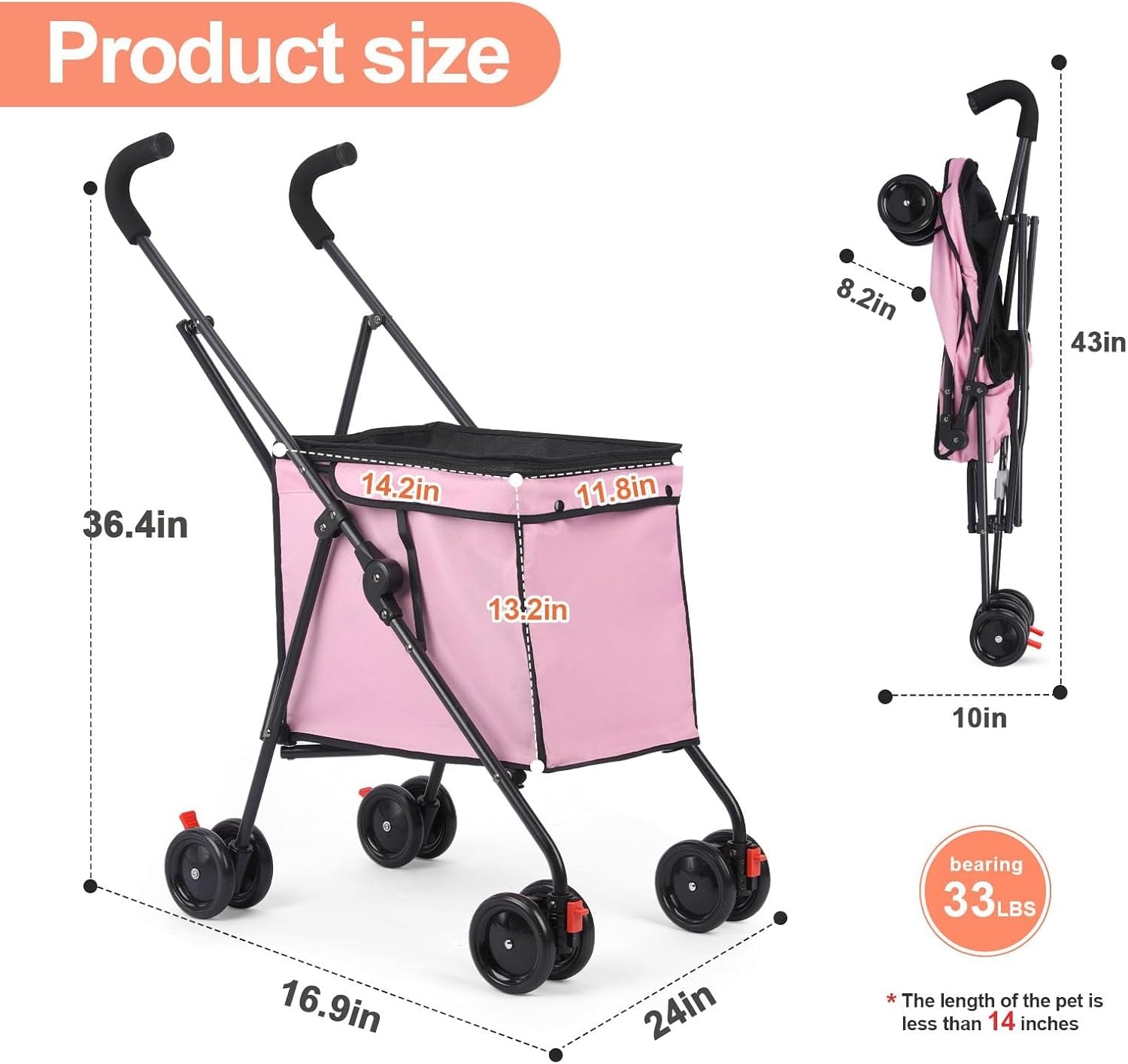 Pink Foldable Pet Shopping Cart Stroller 60lb Heavy Duty Utility Wagon