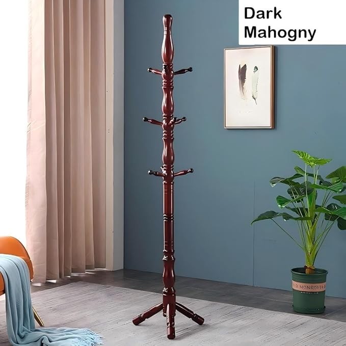 Dark Mahogany Wooden Coat Stand 9 Hooks 185cm Solid Wood Hall Tree Rack