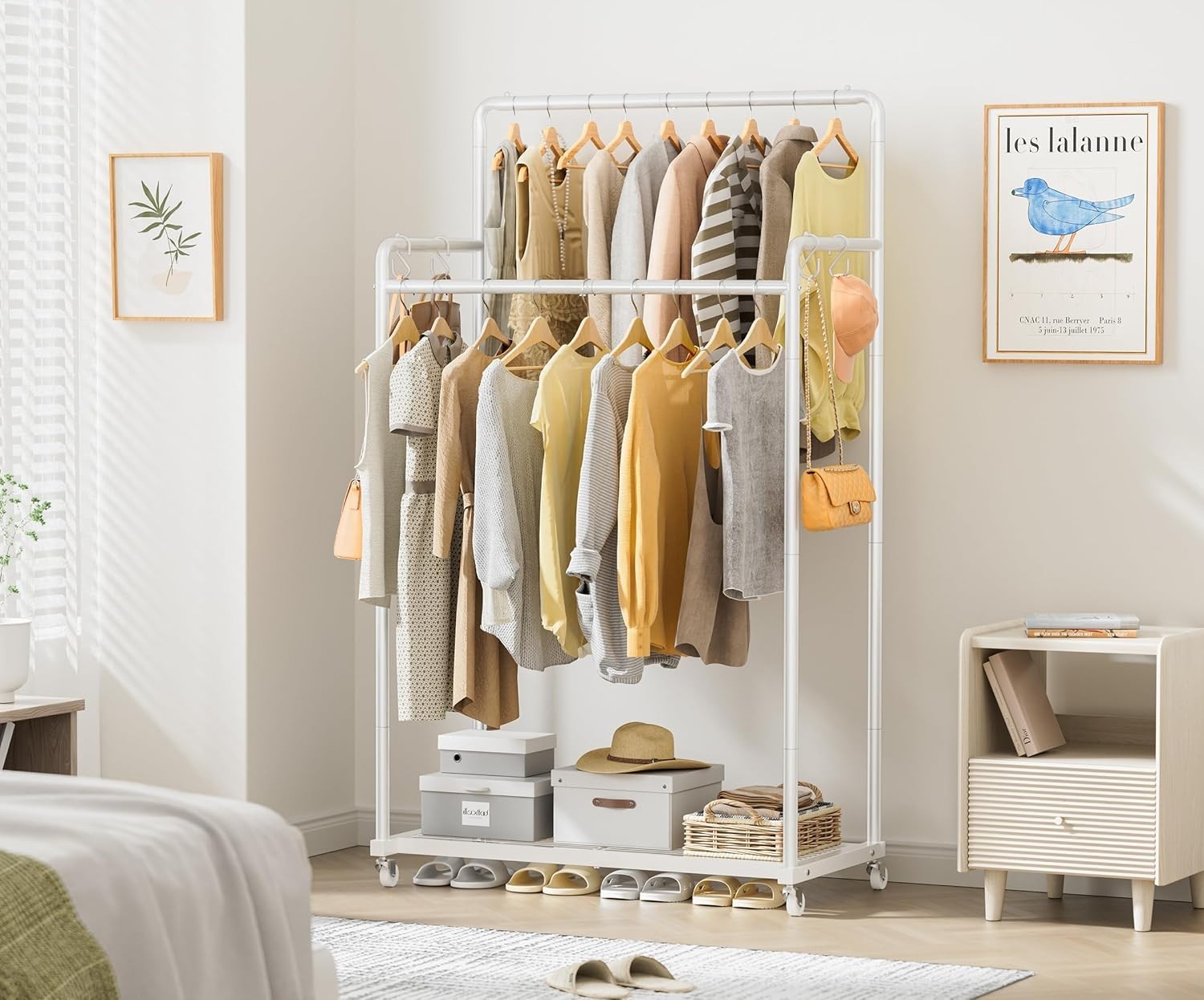 Double Clothes Rail 80KG Heavy Duty Rack With Shelf White