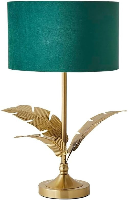 Green Velvet Gold Palm Leaf Table Lamp Drum Shade Luxury Bedside Light