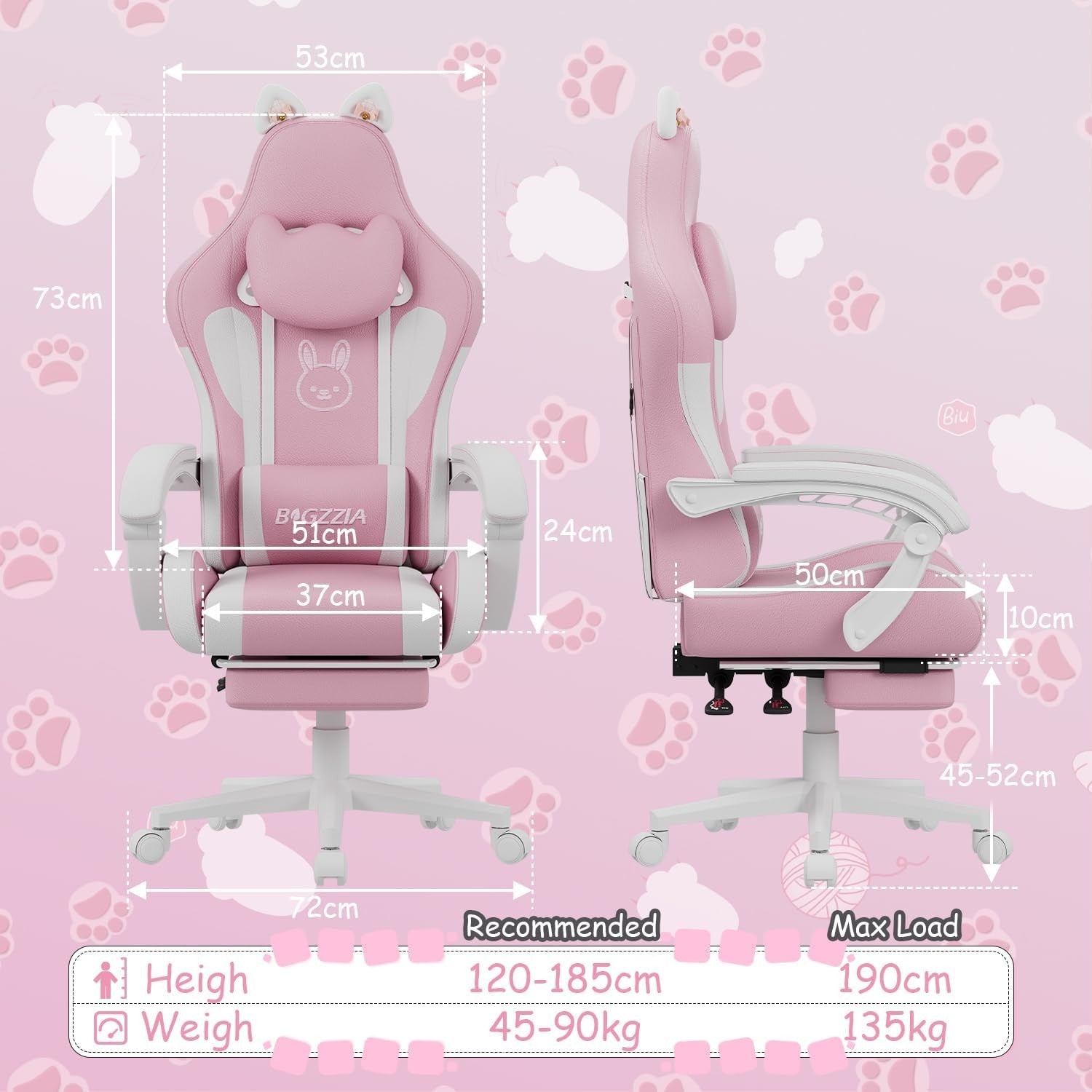 Pink Gaming Chair Cat Ears Massage Lumbar Recliner