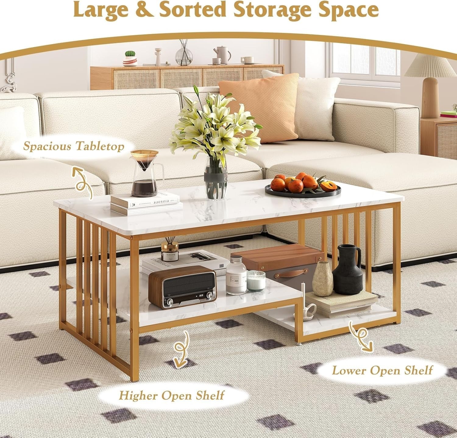 Modern Faux Marble Coffee Table 2-Tier Rectangular with Storage Shelf 110x60cm