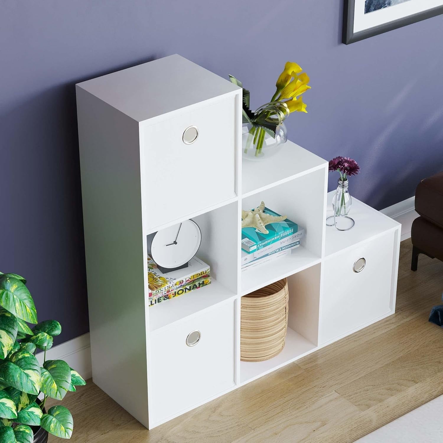White 6 Cube Staircase Bookcase with 3 White Storage Baskets – Modern Display Un