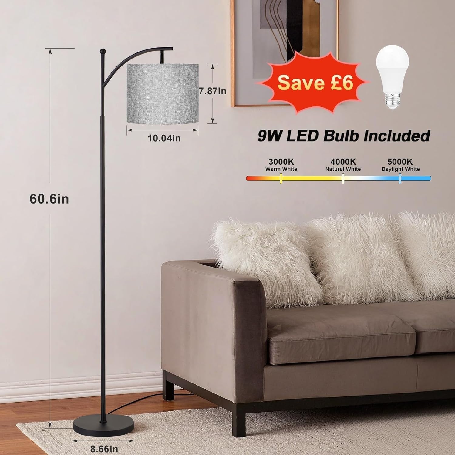 White Floor Lamp 60in Standing Lamp 3 Color Temperatures Foot Switch 9W
