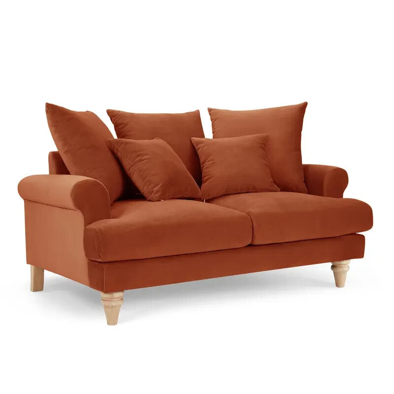 2 Seater Burnt Orange Velvet Sofa Scatter Back Cushions Deep Comfy Seat