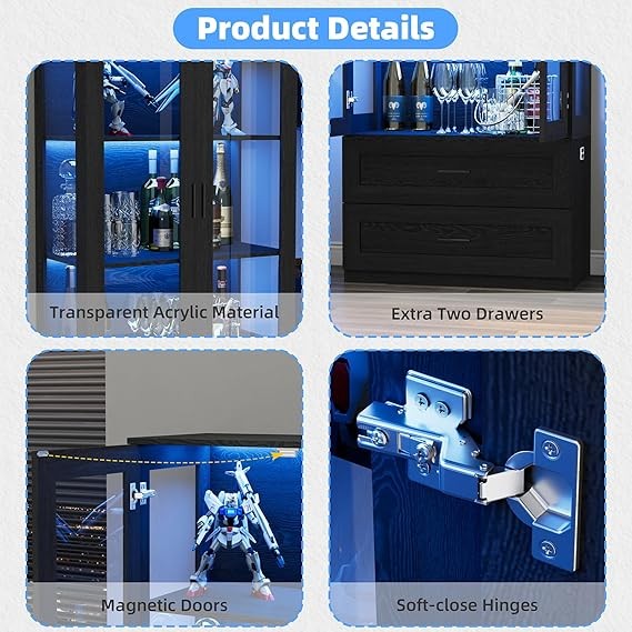 Tall Black Display Cabinet with LED Lights & Glass Doors – 67" Storage Unit