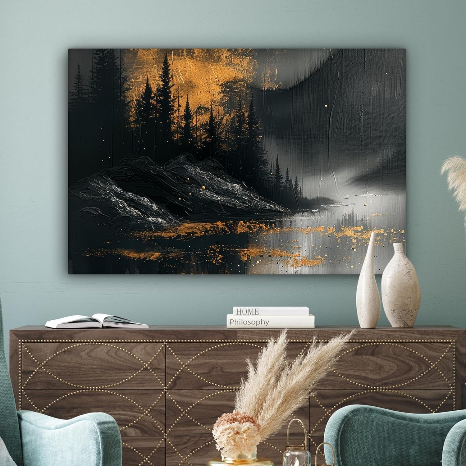 Large Forest Canvas Wall Art 120x80cm Black Gold Modern Nature Decor
