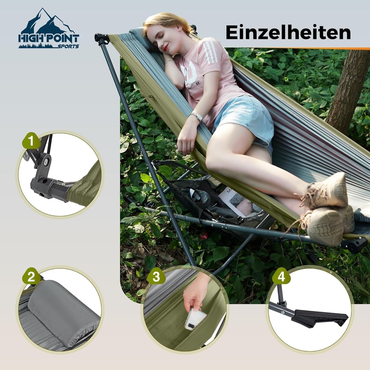 Green Portable Hammock with Stand & Adjustable Canopy | 168x76cm Heavy-Duty
