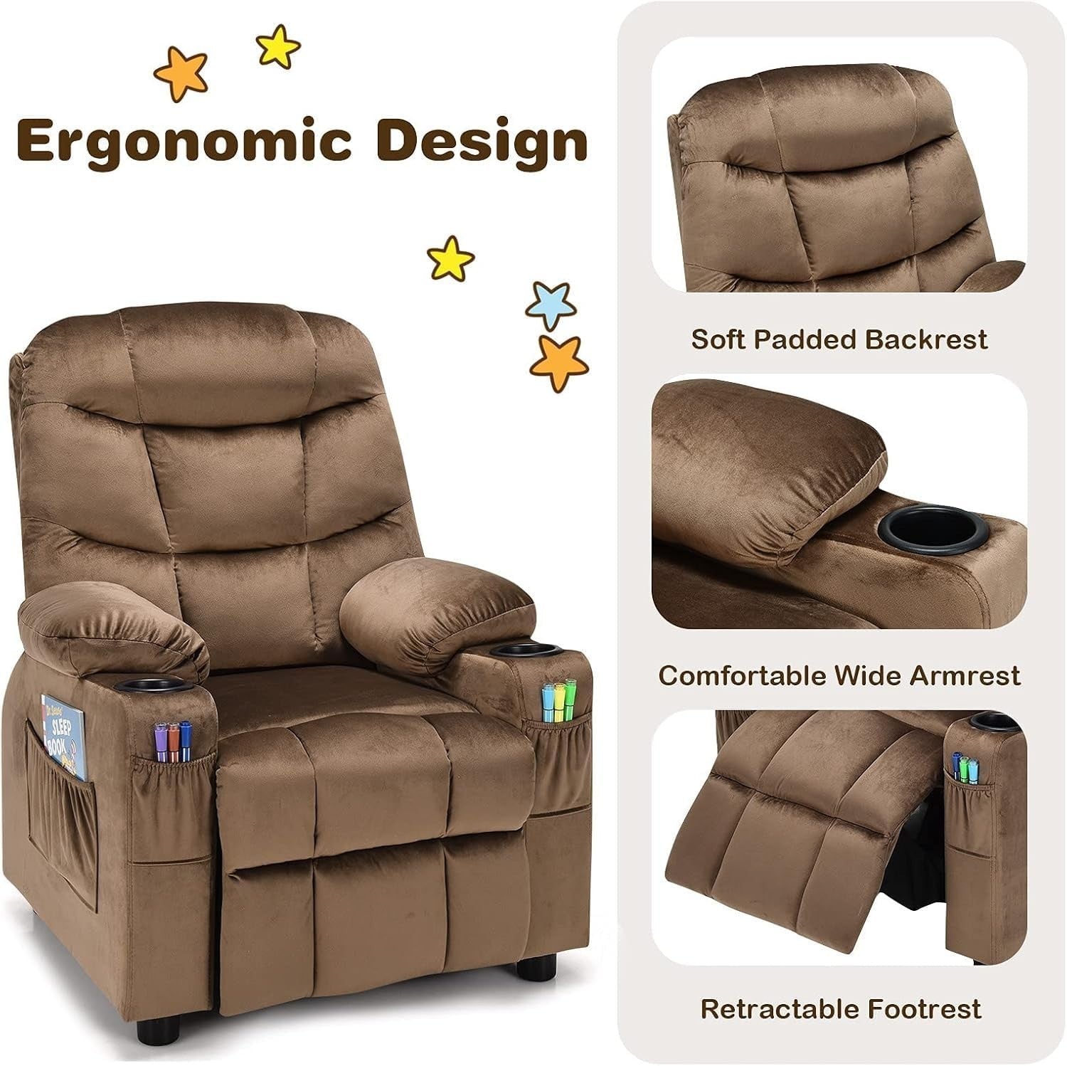 Adjustable Kids Recliner Chair Brown w/ Footrest, Velvet, Cup Holders & Storage