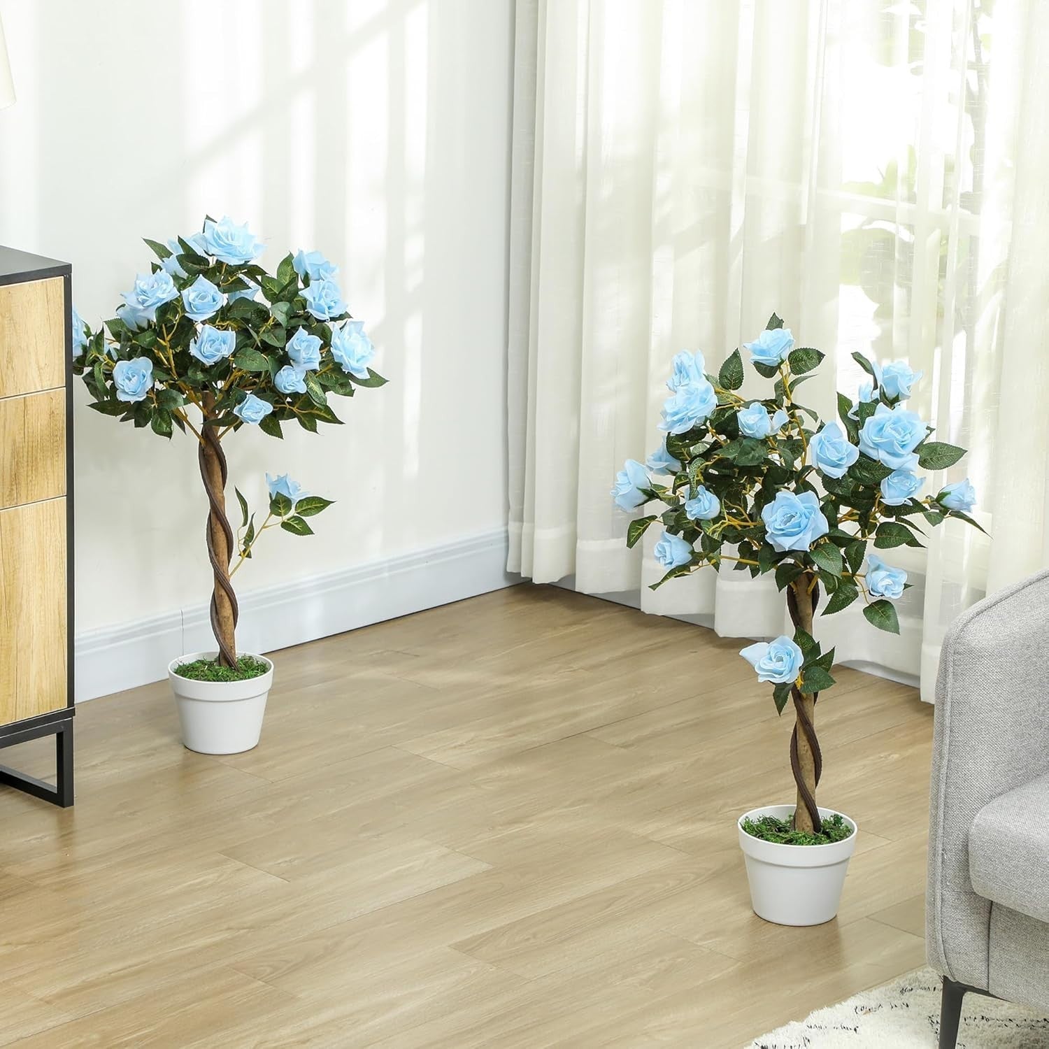 Set of 2 Artificial Rose Trees 90cm Light Blue Faux Flower Plants Home Decor