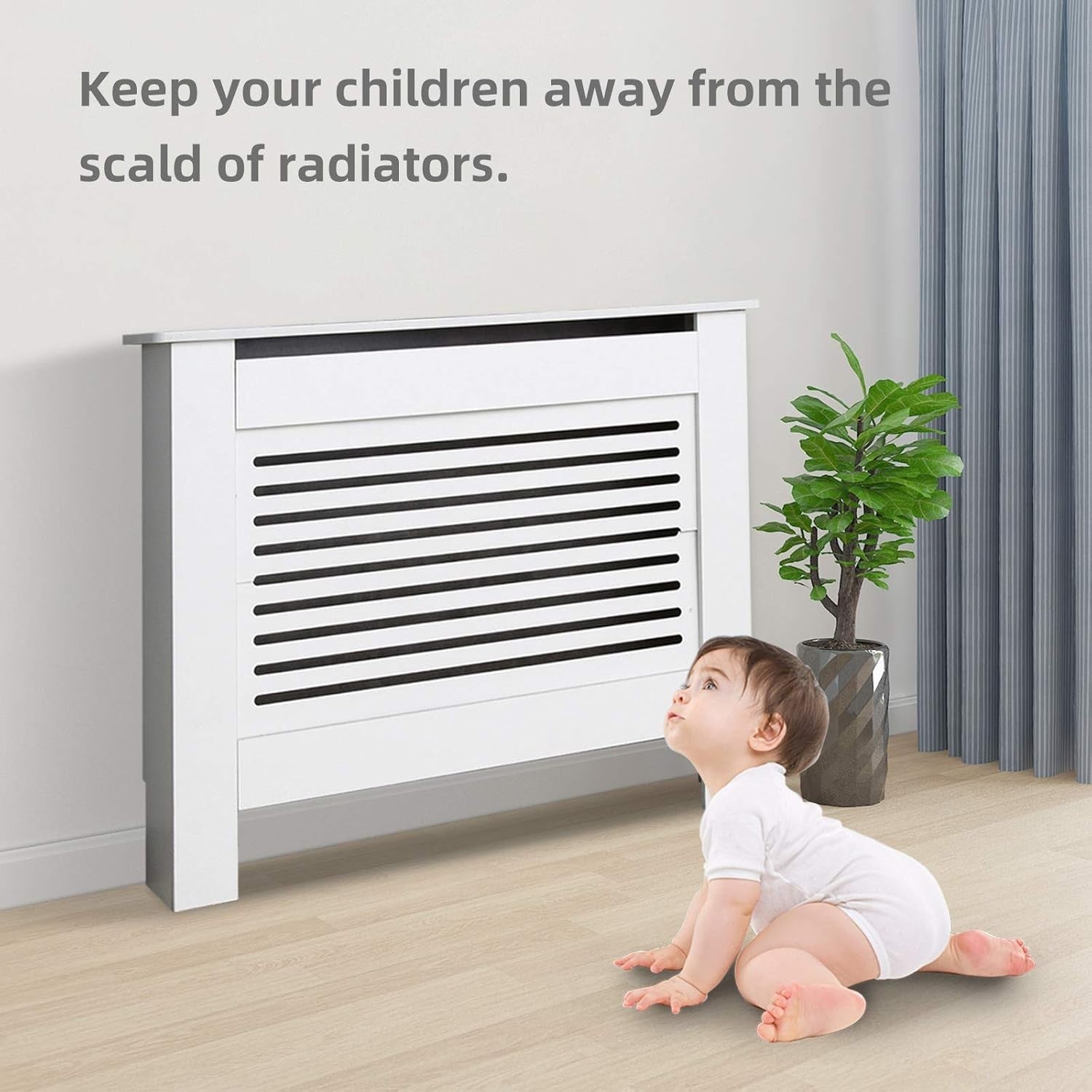 Modern White Radiator Cover MDF Cabinet 109cm Horizontal Slat Decorative Unit