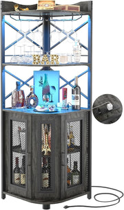 Grey Oak Corner Drinks Cabinet with LED Strip, Charging Ports & 5 Shelf Display