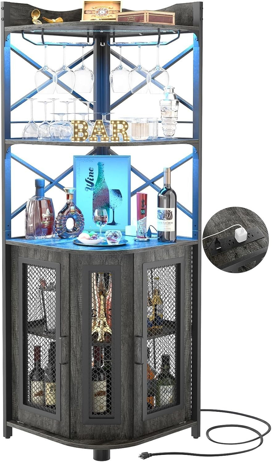 Grey Oak Corner Drinks Cabinet with LED Strip, Charging Ports & 5 Shelf Display