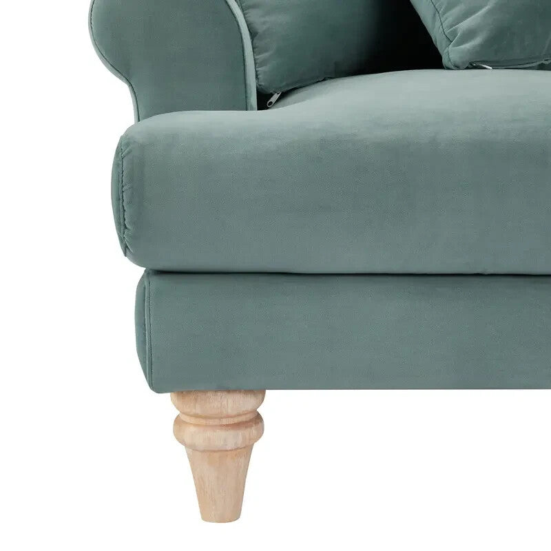 Teal Velvet 2 Seater Sofa Scatter Cushions Deep Seat Scroll Arms Wood Legs