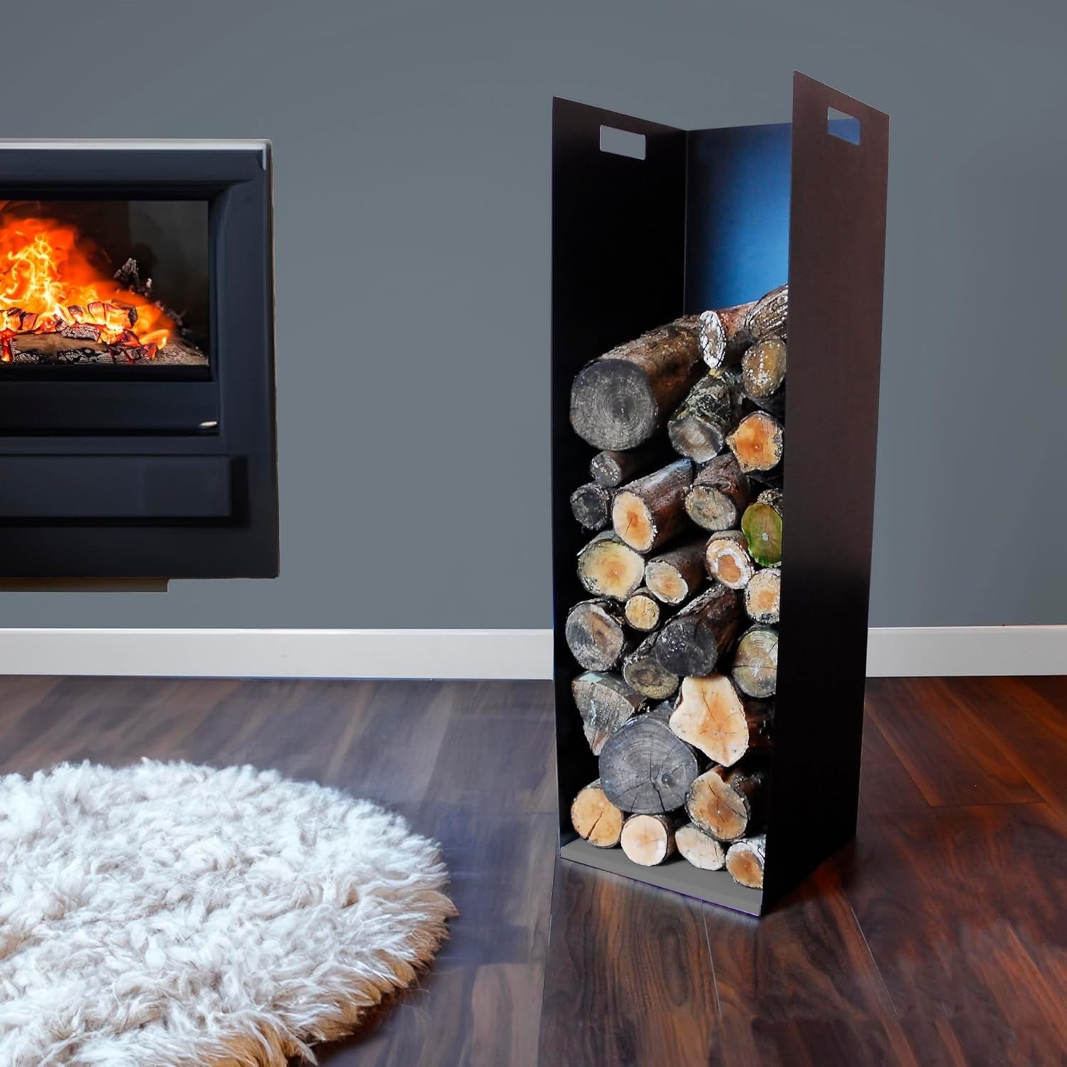 Steel Firewood Log Holder with Handles & Rubber Feet, Modern Indoor Storage
