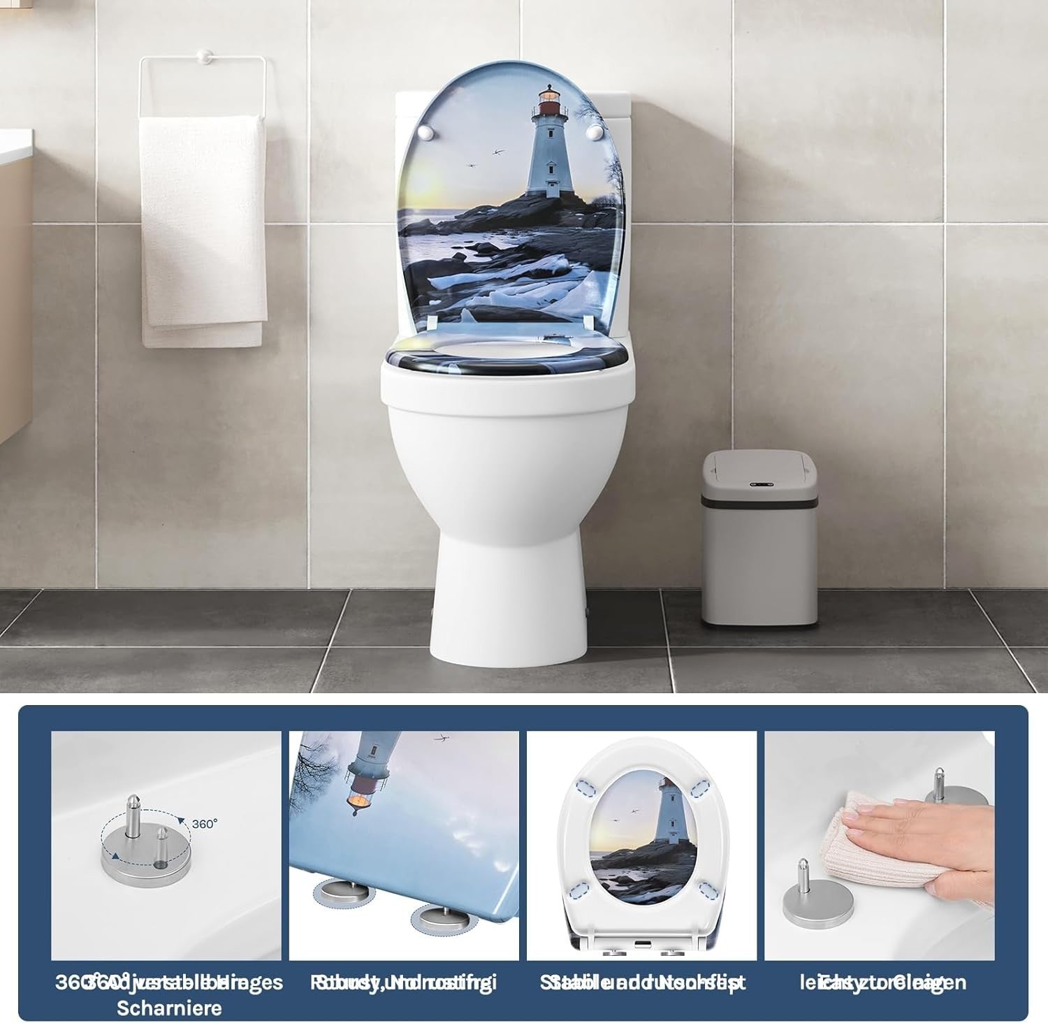 O-Shaped Toilet Seat Soft Close Quick Release Beacon Pattern Top Bottom Mount