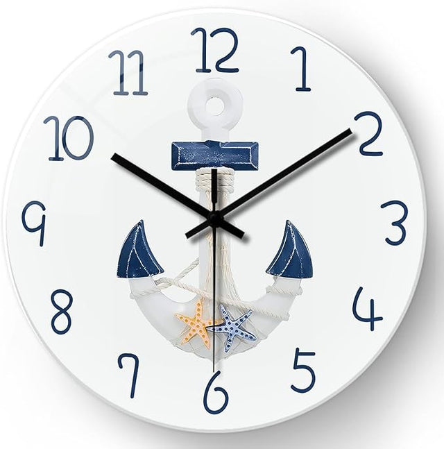 Nautical 12 White Wall Clock Coastal Anchor Design Silent Non Ticking Home Decor