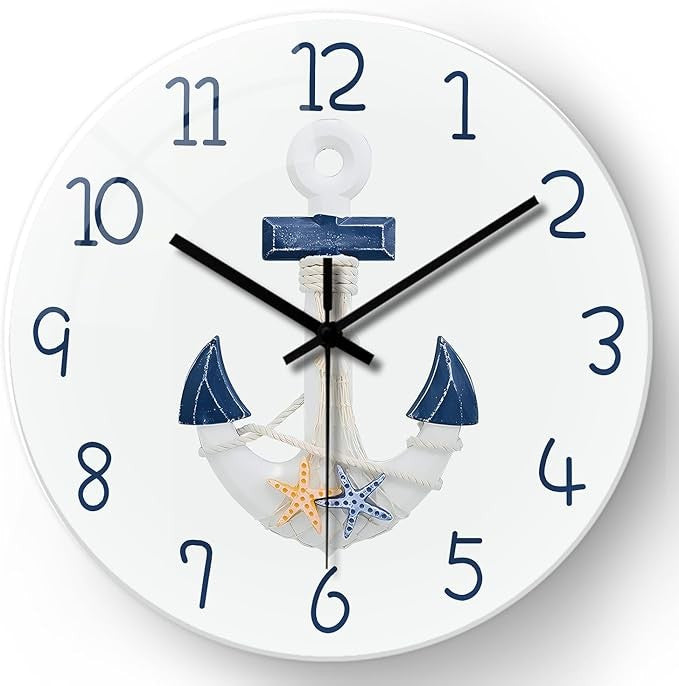 Nautical 12 White Wall Clock Coastal Anchor Design Silent Non Ticking Home Decor