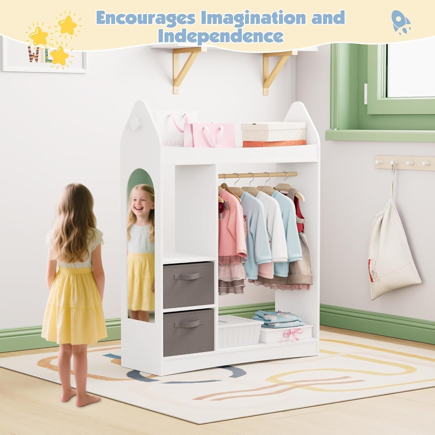 Kids Wardrobe with Mirror, Hanging Rail & 2 Drawers, White Rocket Design
