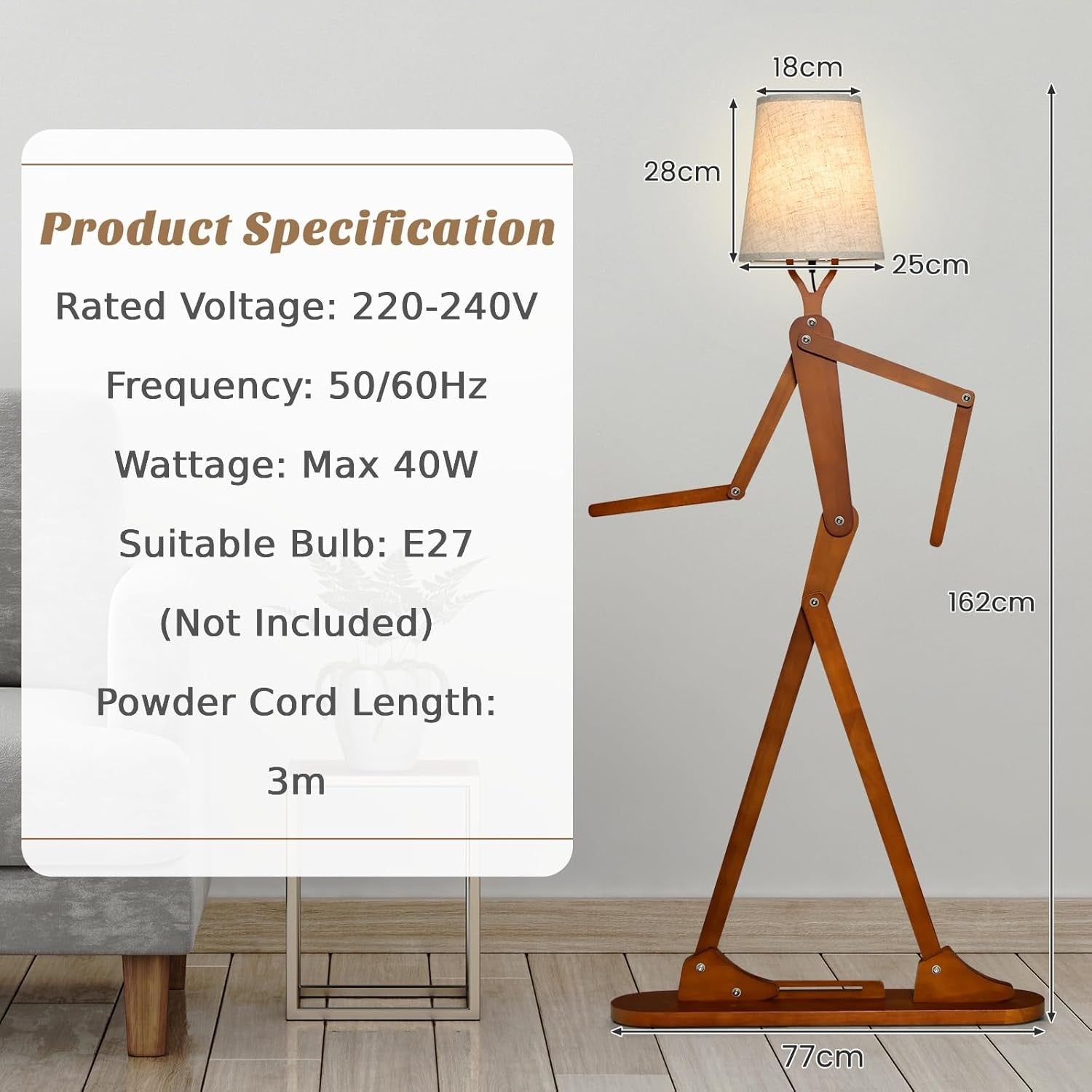 Wooden Floor Lamp Adjustable Joints Fabric Shade Creative Standing Light