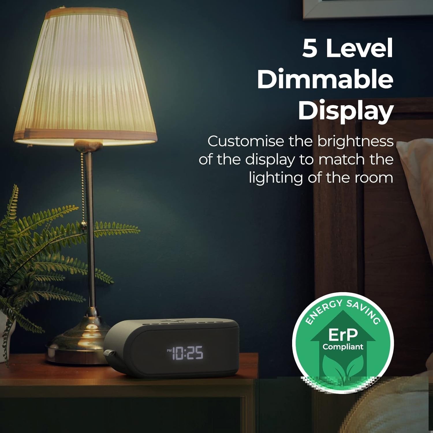Grey Wireless Charging Alarm Clock Bluetooth Speaker FM Radio Dual Alarm
