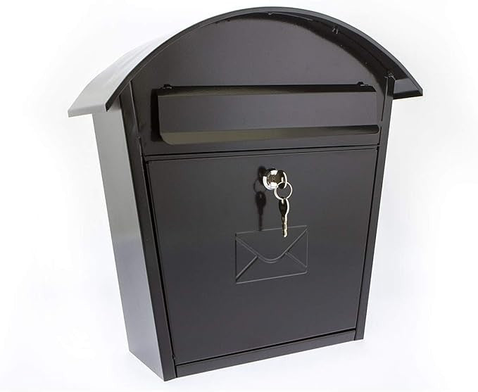 Lockable Wall Mounted Mailbox Black Steel Weatherproof Secure Box 36x37x13cm